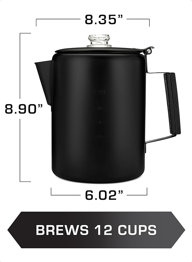COLETTI Black Bozeman Percolator Coffee Pot — Camping Coffee Pot, Coffee Percolator – America’s Sleekest Percolator – Pure Stainless Steel, NO Aluminum or Plastic (12 Cup)