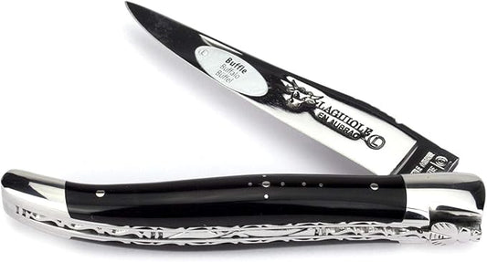 handmade knife 12 cm - double platines - buffalo horn handle - blade and bolsters stainless steel shiny