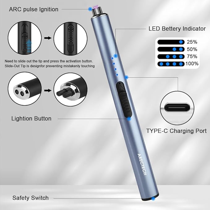 ARECTECH Electric Candle Lighter Rechargeable Lighter Arc Plasma Lighters for Candle Kitchen Camping Christmas Type-C Blue