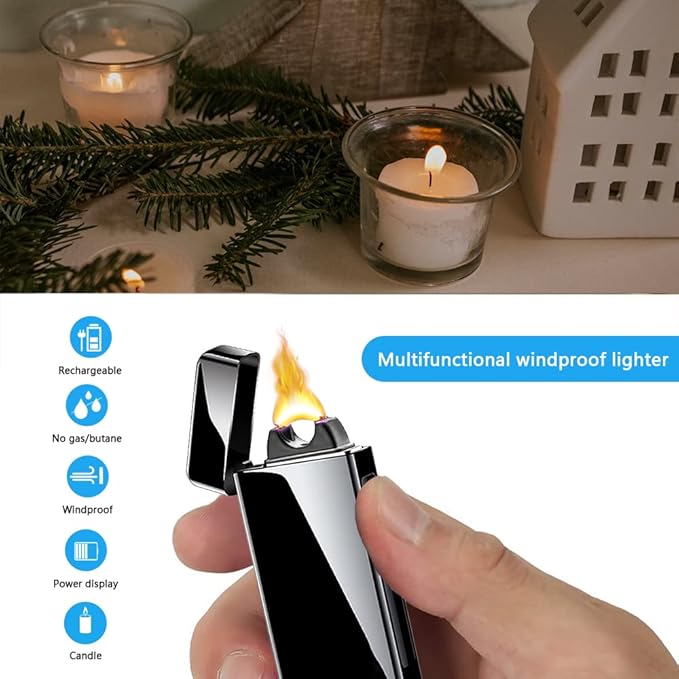 Electric Lighter Rechargeable USB Lighter Arc Plasma Big Flame Lighter Windproof Cool High Power Candle Lighter with LED Battery Indicator for Candles, Fireworks, Incense (Black)