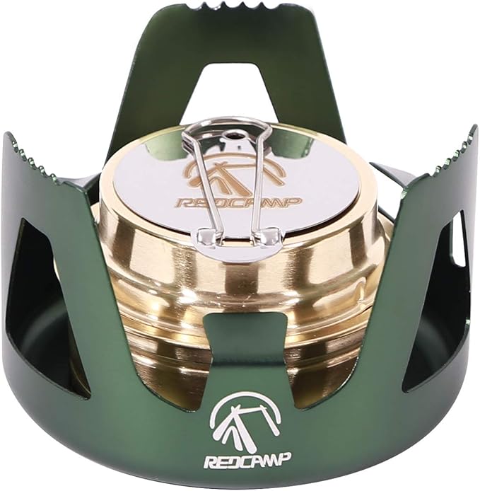 REDCAMP Mini Alcohol Stove for Backpacking, Lightweight Brass Spirit Burner with Aluminium Stand for Camping Hiking, Green