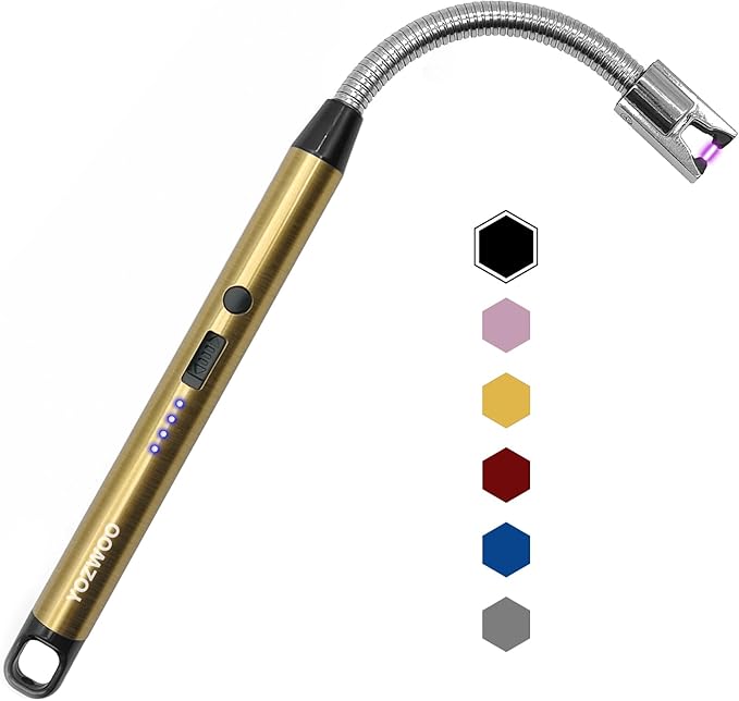 YOZWOO Candle Lighter Rechargeable USB C Lighter Windproof Flameless Plasma Arc Lighter 360° Flexible Neck Design Lighter with LED Battery Display for Candle, Fireworks, Cooking (Gold)