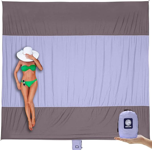 WEKAPO Beach Blanket Sandproof, Extra Large Beach Mat, Big & Compact Sand Free Mat Quick Drying, Lightweight & Durable with 6 Stakes & 4 Corner Pockets