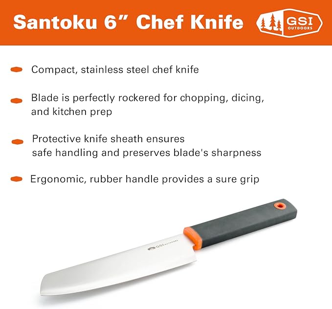 GSI Outdoors Santoku 6" Chef Knife, Compact Stainless Steel Knife with Protective Sheath for Camping, Picnics & BBQs