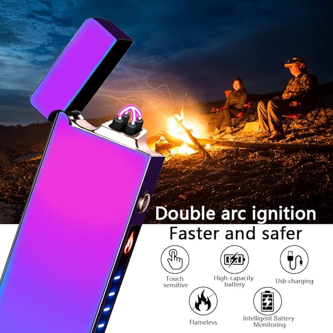 YOZWOO Plasma Lighter Electric Lighters Rechargeable USB Dual Arc Lighter Flameless Windproof No Butane Lighter Candle Lighters with LED Battery Indicator for Outdoor Camping, BBQ, Hiking (Color)
