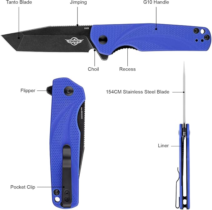 OKNIFE Ratel Folding Pocket Knife, EDC Knife with 154CM Stainless Steel 3.2" Tanto Blade and G10 Handle, Flipper Tab and Liner Lock, Carry Pocket Clip, for Outdoor, Camping, Survival