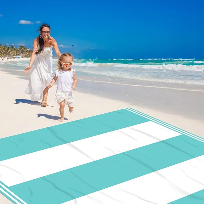 Stripe Beach Blanket Sandproof Waterproof, Extra Large 78"×86" Beach Mat for 1-4 Adults, Compact Lightweight Sand Free Picnic Mat Beach Essential Must Have-Blue&White Wide Stripes