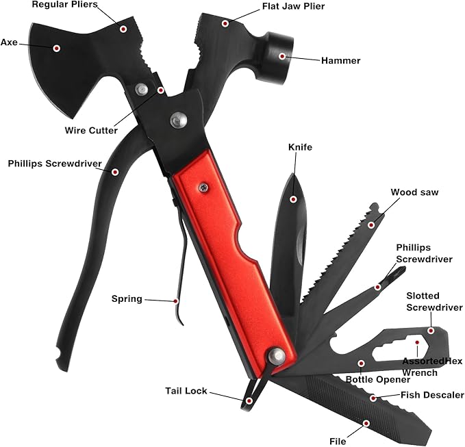 Multi-Purpose Outdoor Tools, Camping Gear Multi-Tools, 16-in-1 Camping Accessories Multi-Tool Hammers, Easy to Carry Camping Tools Including Safety Axes, Pliers, Bottle Openers, etc.