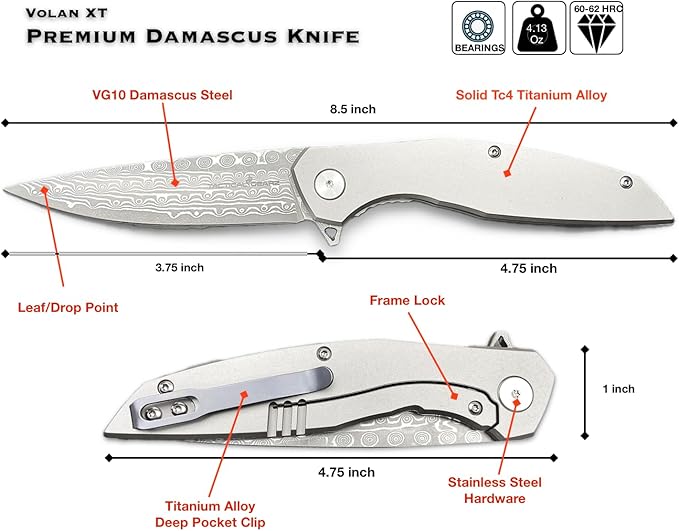 TACTICAL GEARZ EDC Damascus Pocket Folding Knife! Solid Titanium Handle! 67 Multi-Layered VG10 Damascus Steel Blade! (Volan XT Beast Bundle)