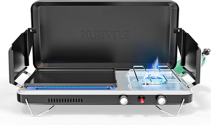 ROVSUN 2-in-1 Portable Camping Stove & Propane Grill with Enamel Griddle & Piezo Igniter, Tabletop Camp Stove with Built-in Handle, Wind Panel & Regulator for Camping, Tailgating, Grilling (Black)