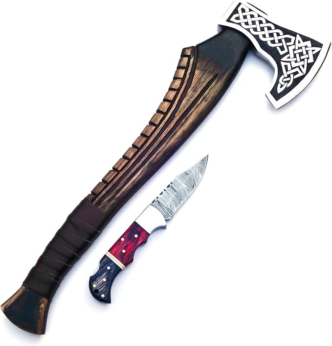 Hand Forged Vikings Axe & Damascus Steel Folding Knife Set- 21"" Carbon Steel Nordic Hatchet + EDC Knife with Sheath- Ideal for Camping, Gift for Men, Black
