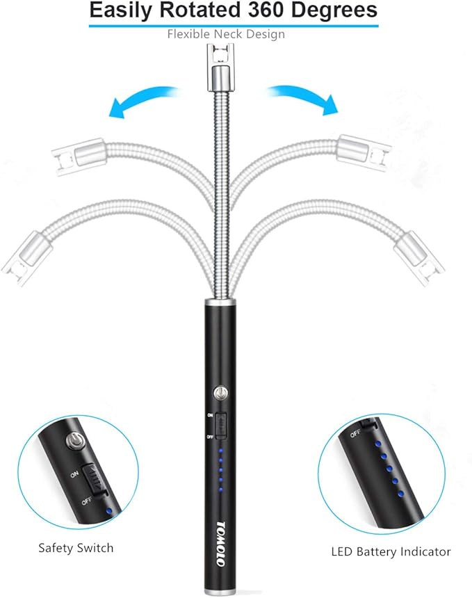 Electric Rechargeable Candle Lighter Grill Lighter Arc Lighter with Flexible Neck, LED Battery Display Safety Switch for Candle Camping Cooking BBQs Fireworks (Black&Silver)