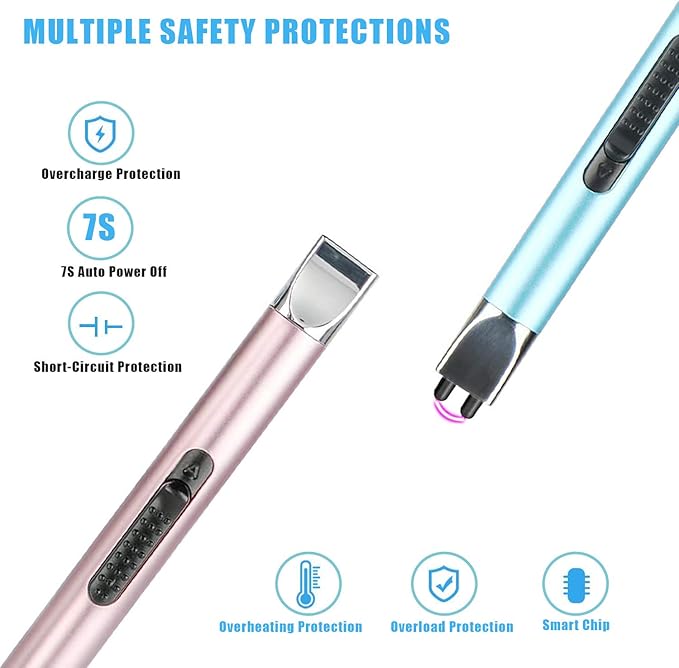 Candle Lighter, Electric USB Rechargeable Lighter Arc Long Lighter Flameless Lighter with Safe Button for Candle BBQ Grill Fireworks Cooking(Blue & Rose Gold 2Pcs)