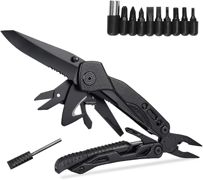 Pocket Knife Multitool, Tactical Utility Multi Tool Knife Set, Camping Survival Gear, Folding Knives with Blade, Plier, Screwdriver Bottle, Scissors, Fire Starter, Whistle, Gift for Men