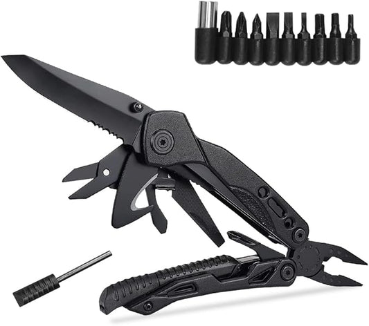 Pocket Knife Multitool, Tactical Utility Multi Tool Knife Set, Camping Survival Gear, Folding Knives with Blade, Plier, Screwdriver Bottle, Scissors, Fire Starter, Whistle, Gift for Men