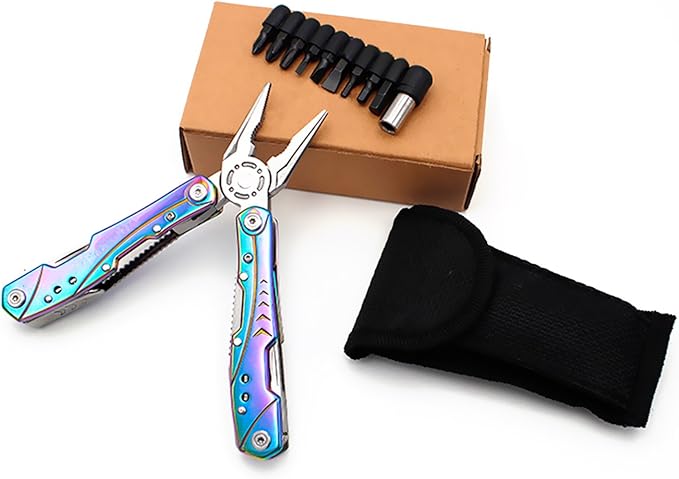 Unique Multitool Pliers Stainless Steel-GETUHAND 14-in-1 Multitool for Women Hunting, Hiking, Camping, Fishing, Outdoor Survival with Multi Knife Sheath/Rainbow Handle/Folding Pliers(Rainbow)