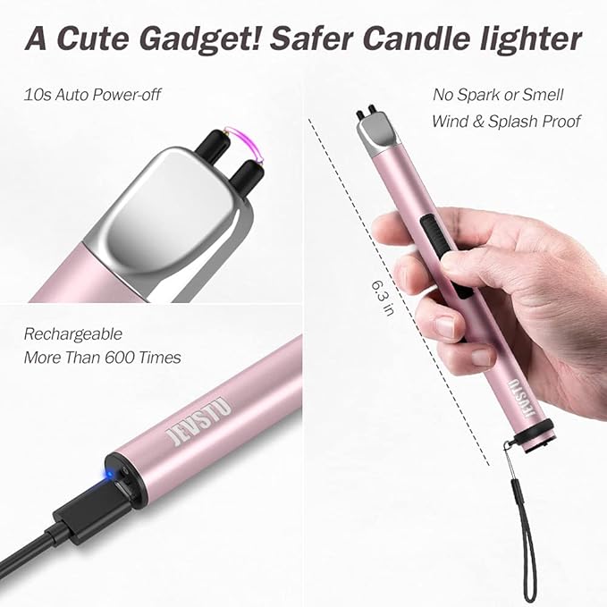 Candle Lighter, Electric Lighter Rechargeable USB Lighter, Arc Windproof Flameless Plasma Lighter Long Stick with Rope and Ring, No Butane Fluid, Perfect for Candle BBQ Camping Kitchen Stove, Pink
