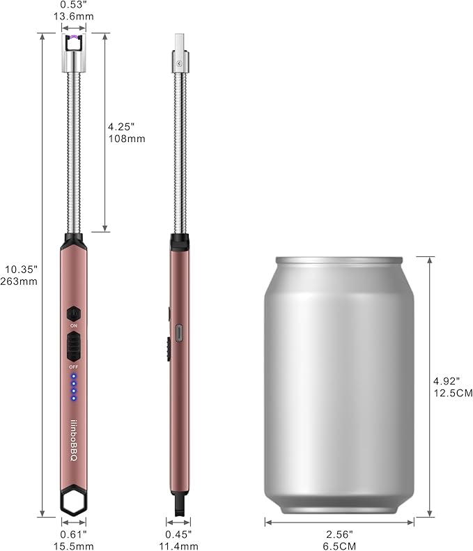 iinboBBQ Lighter Electric Lighter Rechargeable USB Candle Lighter with LED Battery Display Arc Lighter with Flexible Neck Flameless Long Lighters for Candles Grill BBQ Camping (Rose Gold)