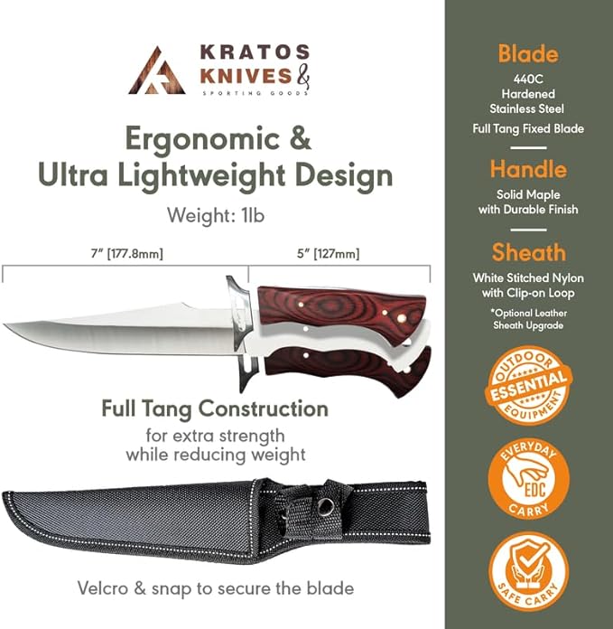 Hunting Knife With Holster, 12 Inch Fixed Blade Hunting Knives, Full Tang Survival Knife with Sheath, High Carbon 440C Stainless Steel By Kratos - ZF7