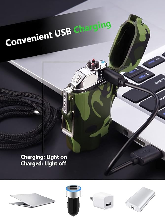 GADATOP Electric Lighter, Outdoor Waterproof Double arc Lighter Windproof Lighter, Rechargeable USB Lighter flameless Plasma Lighter with LED Torch with Lanyard (Camouflage)