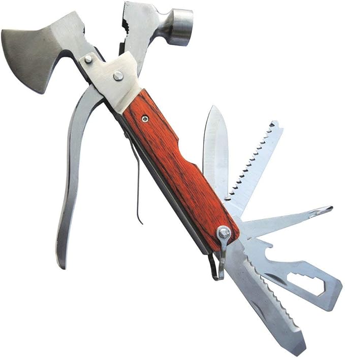 Portable Multipurpose Multitool Camping Hatchet Survival Hammer Wood Inlay Handle Metal Outdoor Gadgets Axe Gift for Men Women