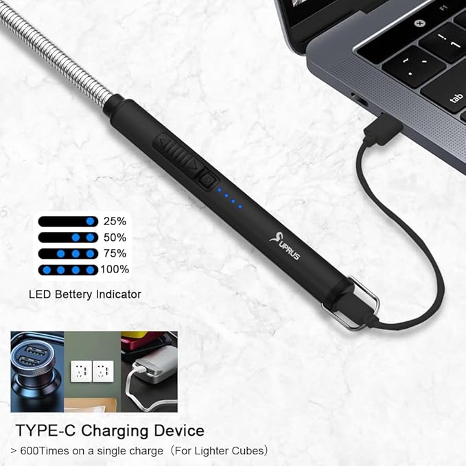 SUPRUS Electric Lighter Candle Lighter USB Type C Rechargeable Lighter Steel Shell & Hanging Hook with 360° Flexible Neck(Black)