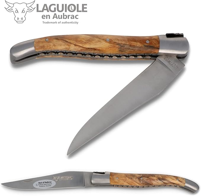 Laguiole en Aubrac Handmade French Knife 12 cm - Double platines - Aubrac Beech Wood Handle - Blade and bolsters Stainless Steel