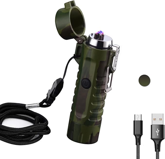 Electric Lighter Rechargeable, Waterproof Lighter Plasma Lighter with Flashlight Windproof ARC Lighter Flameless for Camping Hiking(Camouflage)