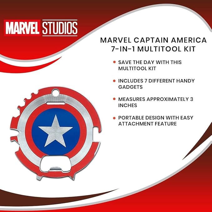 Marvel Captain America 7-In-1 Multitool Kit | Includes Screwdrivers, Wrenches, Bottle Opener, Rope Cutter, Can Opener, Hand Tool Gadgets | Portable Survival Camping Tool