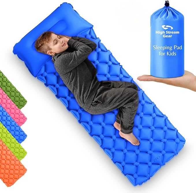 Kids Sleeping Pad for Camping and Sleepovers with Pillow, Inflatable Camping Mattress for Backpacking & Travel, Thick Toddler Cot Mat, Fast Inflating Camping Sleeping Pads for Kids