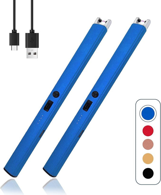 2 PCS Candle Lighter,Windproof Flameless Electric Lighter with LED Power Display & Safety Switch, Upgraded Plasma USB Rechargeable Lighter for Birthday Camping BBQ (Blue)