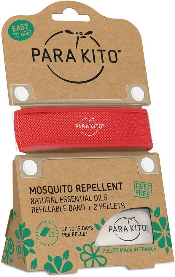 PARA'KITO Mosquito Insect & Bug Protection Wristband - Mosquito Stickers, Bug Spray Alternative Essentials for Beach, Camping, Desert Hiking, Christmas Bonfires - Natural Essential Oils (Red)