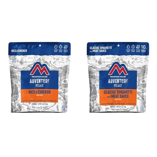 Mountain House Rice & Chicken | Freeze Dried Backpacking & Camping Food |2-Servings | Gluten-Free & Classic Spaghetti with Meat Sauce | Freeze Dried Backpacking & Camping Food |2 Servings