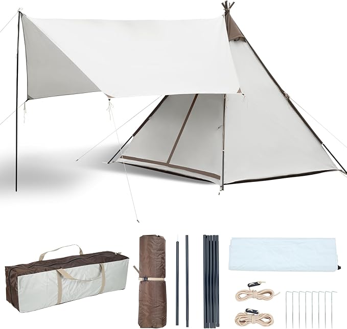 Waterproof 3-4 Person Camping Tent with Awning, Pyramid Teepee Tents for Family, 3 Season Anti-UV Weatherproof, Roomy Tipi Tent for Family Camping, Outdoor, Backpacking, Hiking