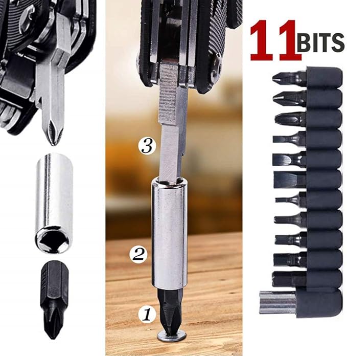 Multi tool with Pliers, Knife Bottle Opener Screwdriver Saw - Perfect for Outdoor Survival Camping Fishing & Hiking 11 in 1 Plus 11 Bits