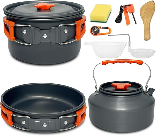 12pcs Camping Cooking Set, Camping Pots and Pans Set with Kettle Compass Hook Flint Plastic Bowls and Soup Spoon for Camping, Backpacking, Hiking, Outdoor Cooking and Picnic