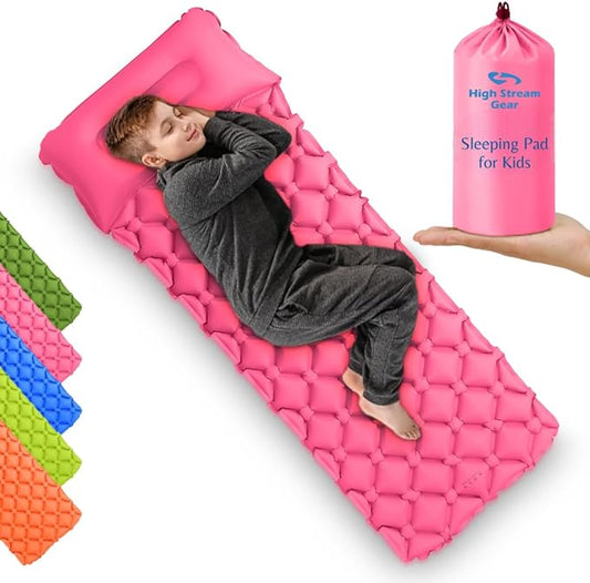 Kids Sleeping Pad for Camping and Sleepovers with Pillow, Inflatable Camping Mattress for Backpacking & Travel, Thick Toddler Cot Mat, Fast Inflating Camping Sleeping Pads for Kids