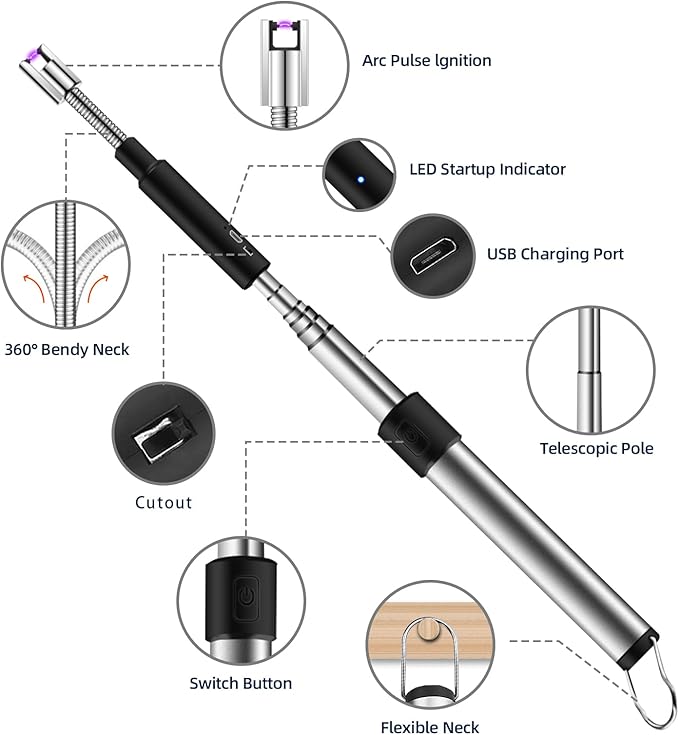 Candle Lighter Electric Lighter, USB Electric Lighters Rechargeable Flexible Neck Long Lighters with LED Display, Telescopic Pole Arc Lighters for Candle, Tabletop Fire Pit, Camping