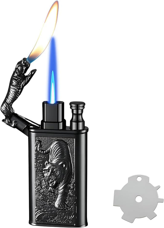 Torch Lighter, Relief Tiger Design Magic Dual Flame Lighter with Adjusting Flame Tool, Creative Windproof Lighter, Cool Jet Flame Butane Lighter, Refillable Butane Lighter for Outdoor Indoor