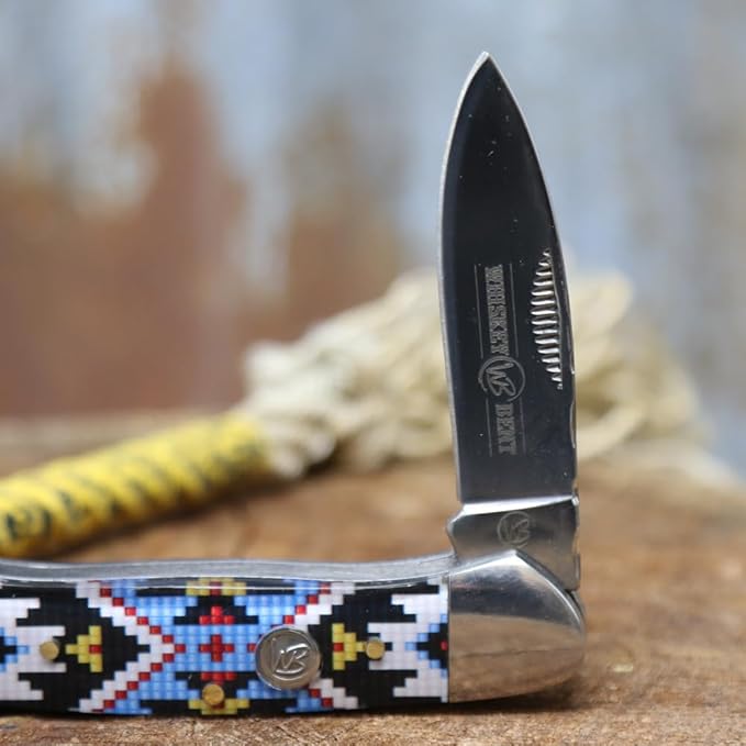 WHISKEY BENT HAT CO. Traditional Canoe Folding Pocket Knife w/Filework 3.63" Closed Length 440C Stainless Steel Blades (Sky Bead)
