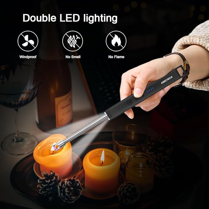 ARECTECH Lighter Candle Lighter Electric Lighter Rechargeable USB Arc Lighters for Candle Camping Fireworks Christmas Birthday Gifts with LED Light for Men Women Black