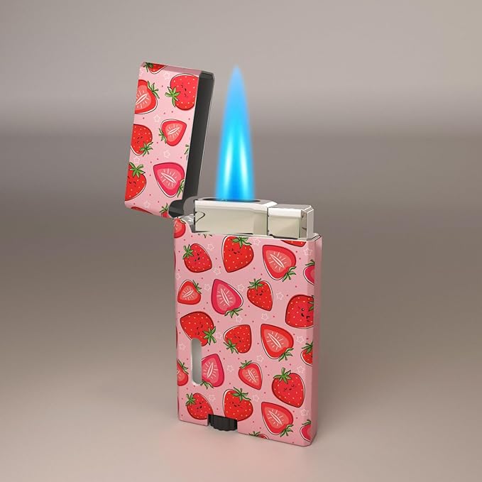 Pink Strawberry Cool,Butane Jet Torch Lighter,Refillable Windproof Flame Torch Lighters,Adjustable,Long,BBQ Candles Camping (No Gas)