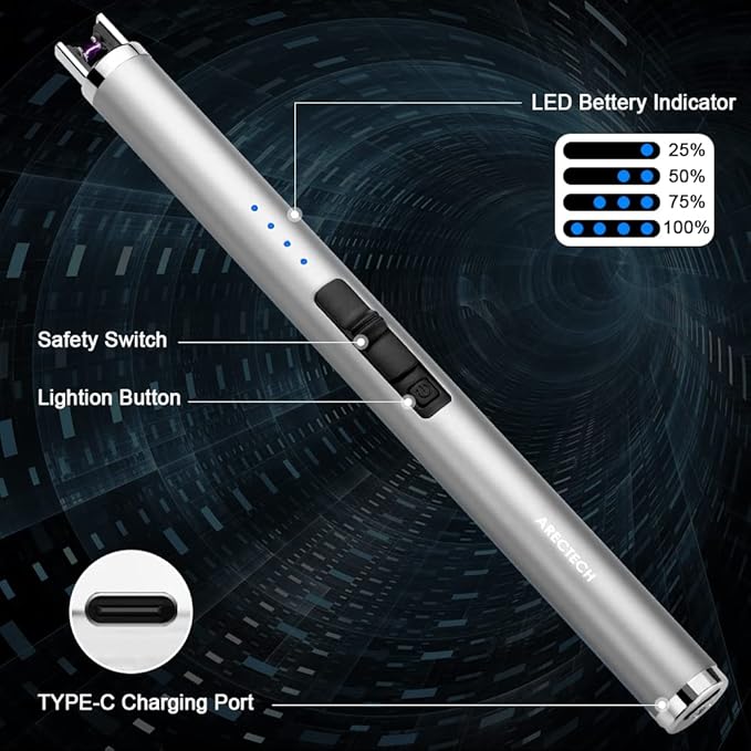 ARECTECH Lighter Rechargeable Lighter Electric Lighter Candle Lighter Arc Plasma Lighters for Candle Kitchen Camping Type-C Silvery
