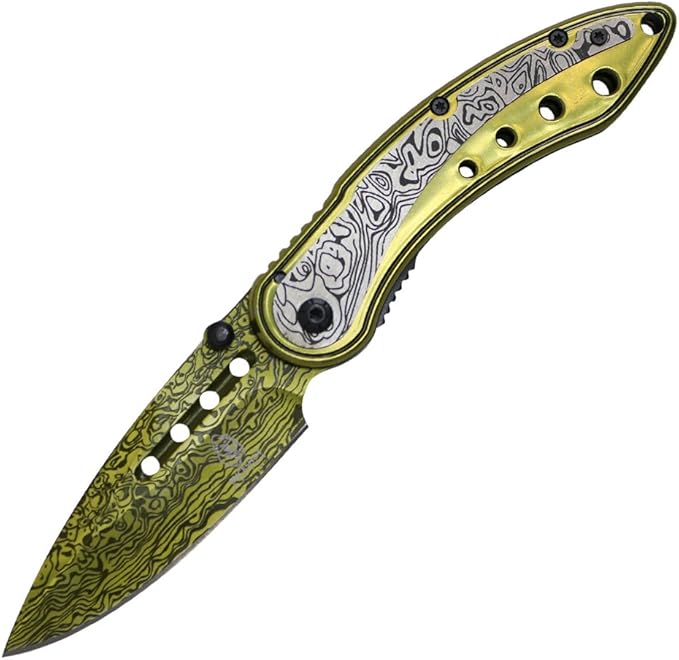 Buckshot Knives Thumb Open Spring Assisted Color Damascus Etched Stainless Steel Handle W/Damascus Etched Blade Pocket Knife (PBK207GD)