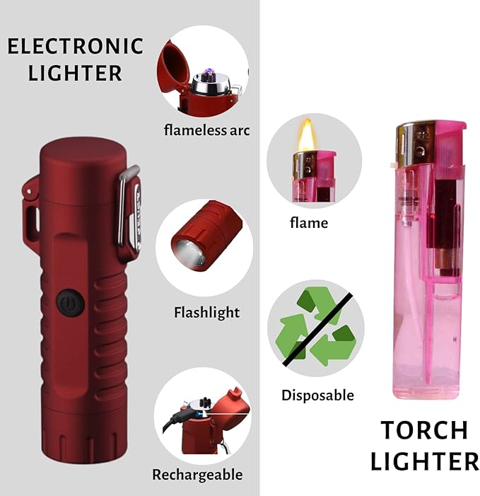 YOZWOO Electric Lighter for Camping, Windproof Dual Arc Lighter with LED Flashlight, USB Rechargeable Lighter for Outdoor Hiking, Waterproof Plasma Lighter for Survival Kits (Red)