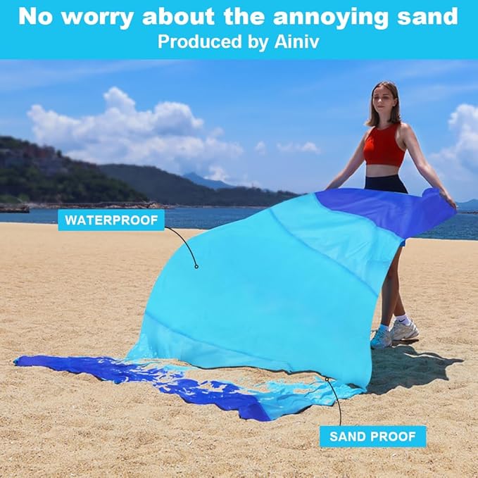 Ainiv Beach Blanket Beach Mat, Sandproof Waterproof Beach Mat, Extra Large 82 * 79 in (5-7 People) Picnic Blanket with 1 Storage Bag, 1 Carabiner & 4 Fixed Nails for Beach, Camping, Hiking, Picnic