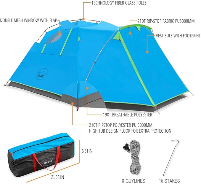 KAZOO 2/4 Person Camping Tent Outdoor Waterproof Family Large Tents 2/4 People Easy Setup Tent with Porch Double Layer