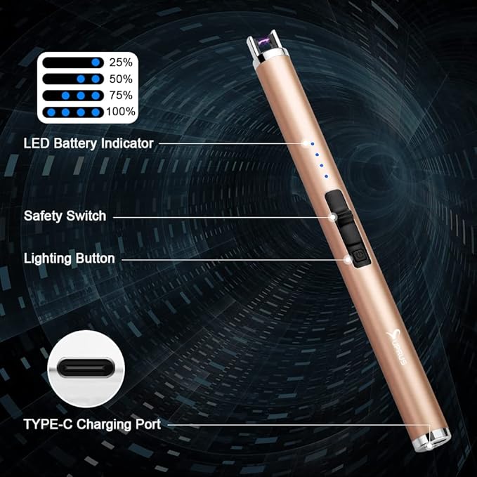 SUPRUS Lighter Electric Candle Lighter USB Type C Rechargeable Lighter with Upgraded LED Battery Display Safety Switch Flameless Plasma Windproof for Candle Cooking BBQs Fireworks (Champagne Gold)