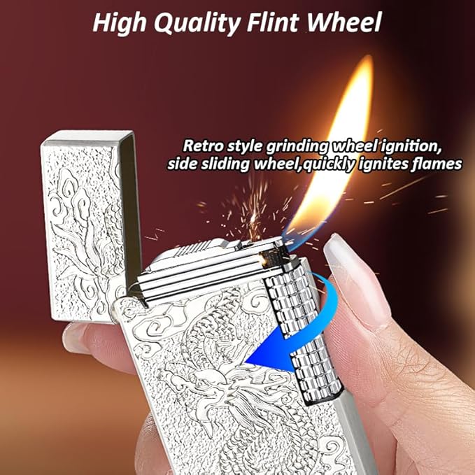 Lighters Soft Flame Lighter Windproof Refillable Butane Traditional Cigar Lighter Good for Cigarette Cigar Candle Camping Hiking Fishing BBQ (Silver)