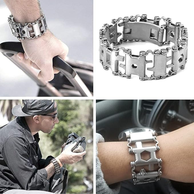 Multitool Bracelet 29 in 1, 22cm Stainless Steel, Multi Tool Bracelet for Men Outdoor Travel Watch Strap, Multifunctional Wristbands, Portable Wearable Multitool Trend Bracelet with A Pry Tool